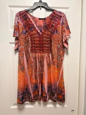 Apt. 9 Pink Orange Purple Paisley V-Neck Embellished Tunic